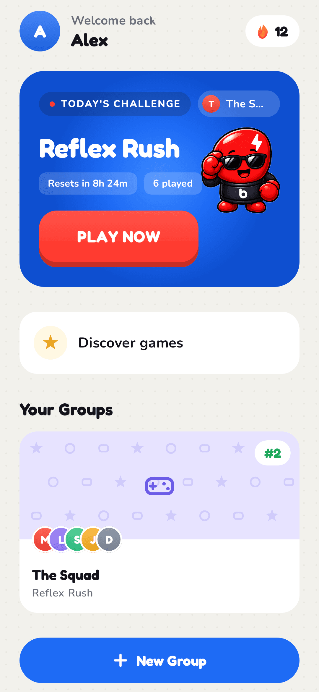 BeatMe home — today's game and your groups